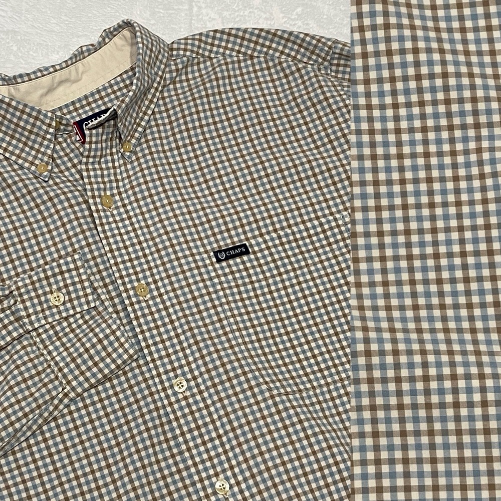 Chaps Shirt Mens Blue Tan Plaid 100% Cotton Preppy Classy Job Professional Large
